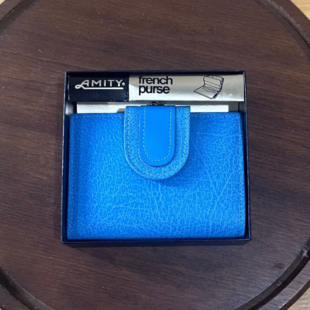 Vtg Amity Spritely French Purse Womens Blue Jay Split Cowhide Leather Wallet NIB